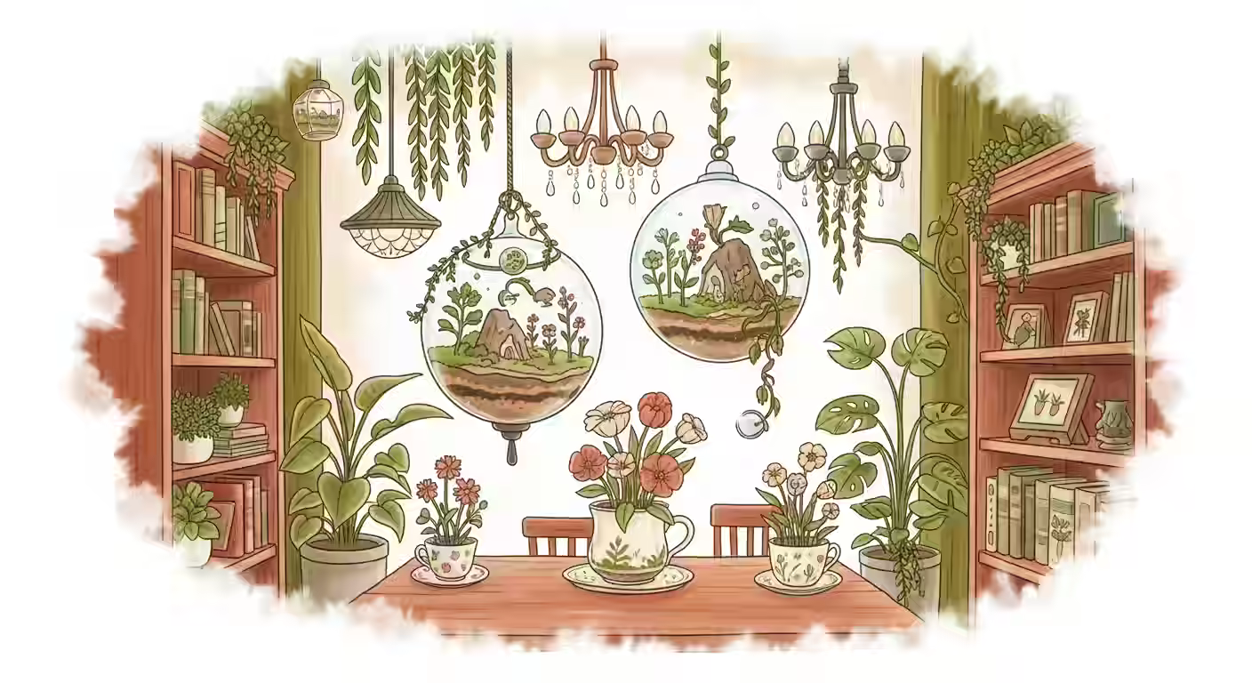 Watercolor illustration of surreal indoor gardens